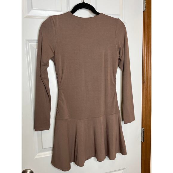 Oh Polly NEW Coco Modal Ruched Crew Neck Mini Dress in Taupe Medium - Picture 3 of 10